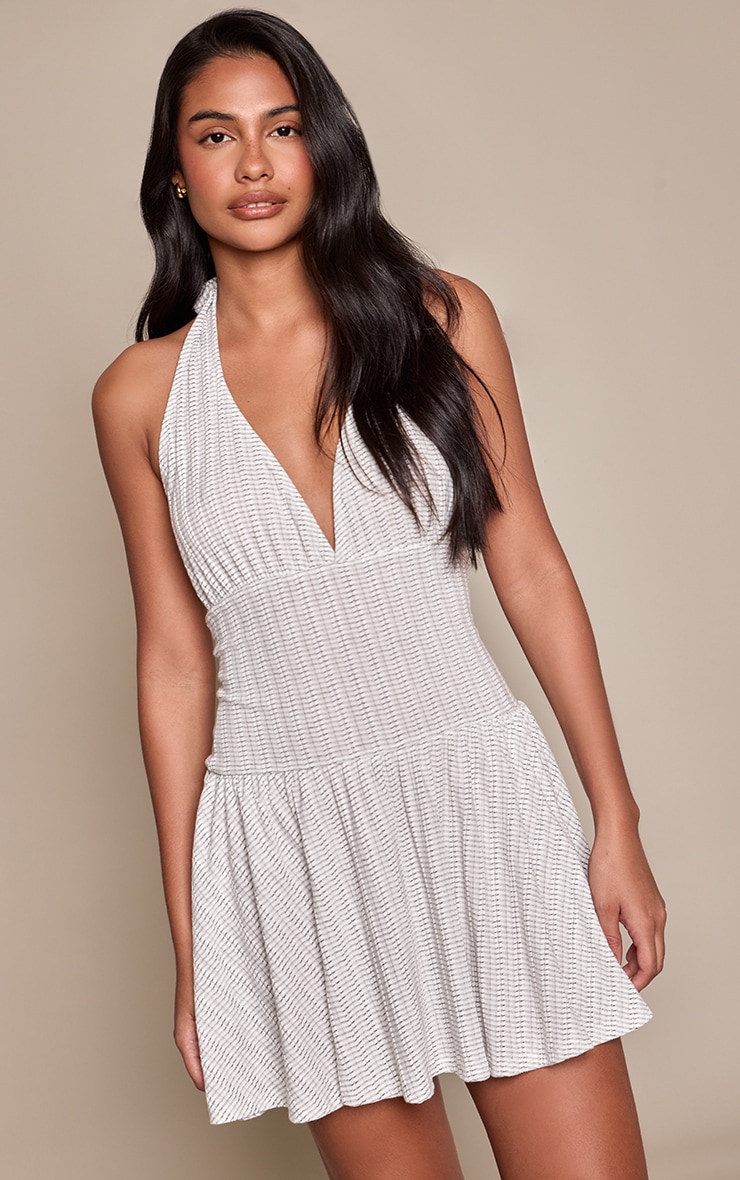 White Stripe Halter Jersey Mini Dress