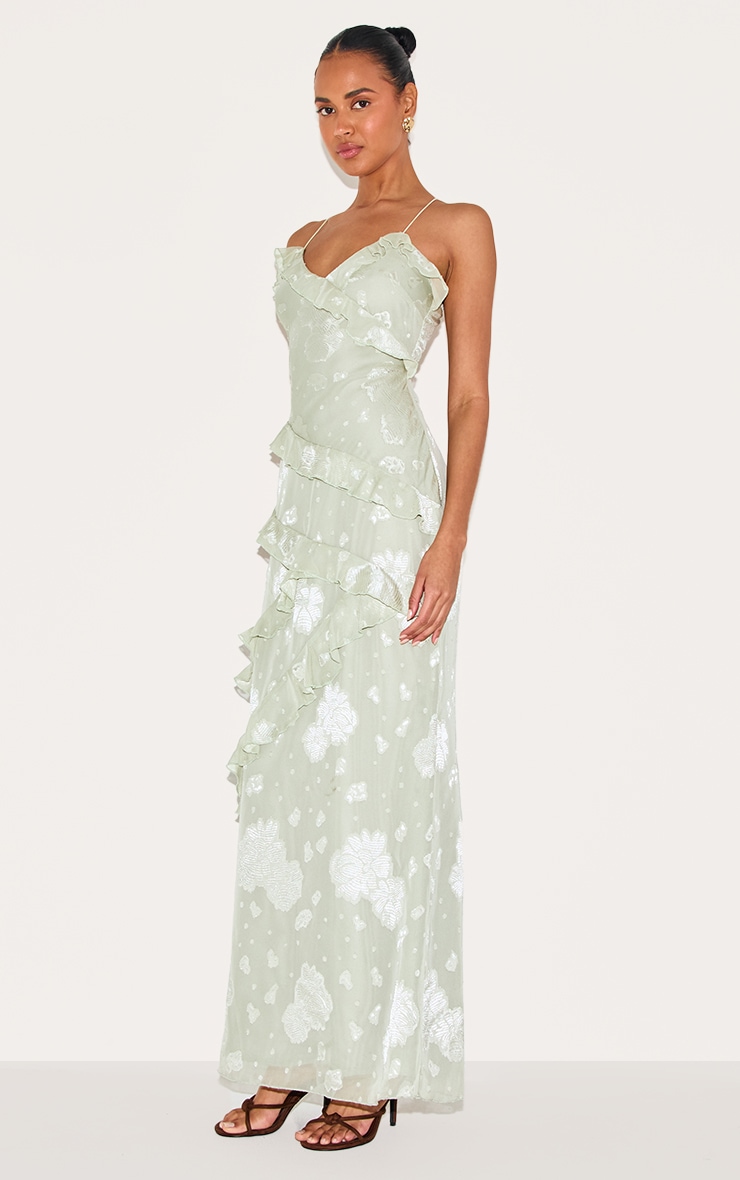 Robe longue vert sauge brodée fleurie à volants image 3