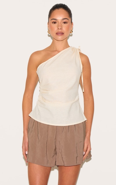 Beige Lightweight Woven Ruched Asymmetric Long Top