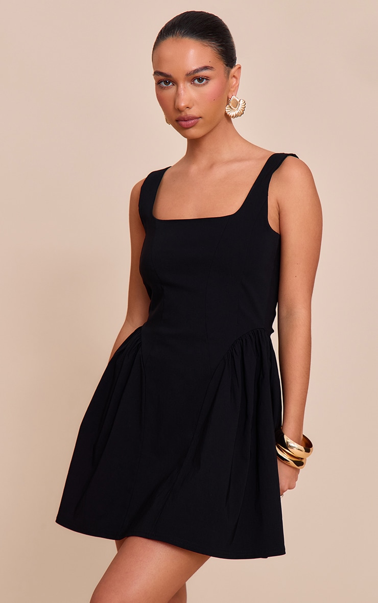 Black Stretch Woven Scoop Neck Shift Dress image 1