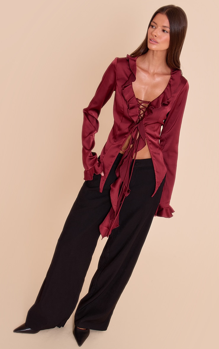 Dark Wine Satin Frill Tie Front Long Sleeve Top image 3