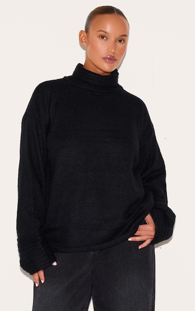 Plus Black Textured Knit Roll Neck Oversized Jumper