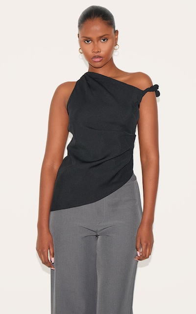 Black Woven Asymmetric Hem Ruched Long Top