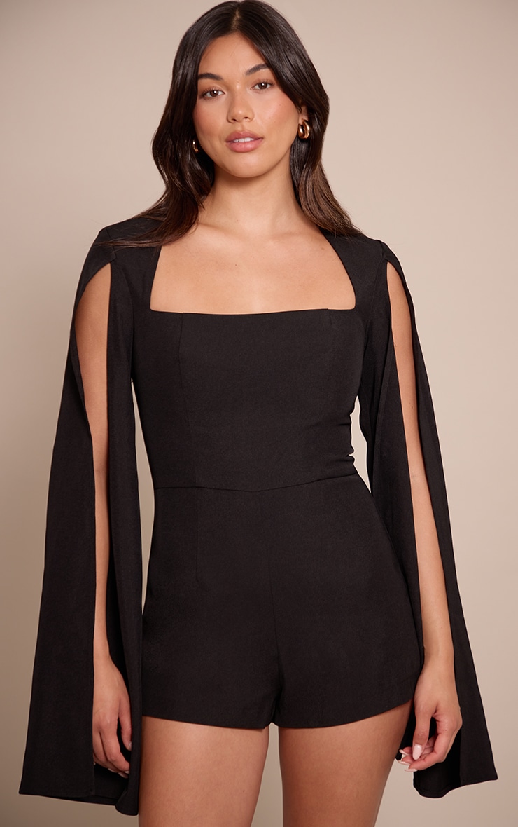 Black Woven Cape Sleeve Playsuit Dresses PLT QA