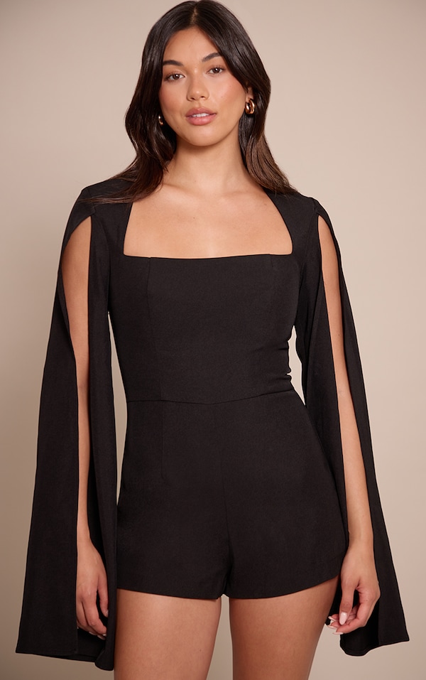 Black Woven Cape Sleeve Romper