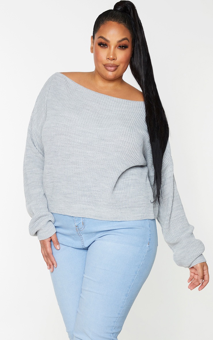 Plus Grey Knitted Slash Neck Crop Sweater