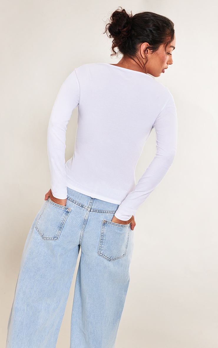 White Cotton Scoop Neck Fitted Long Sleeve Top image 2