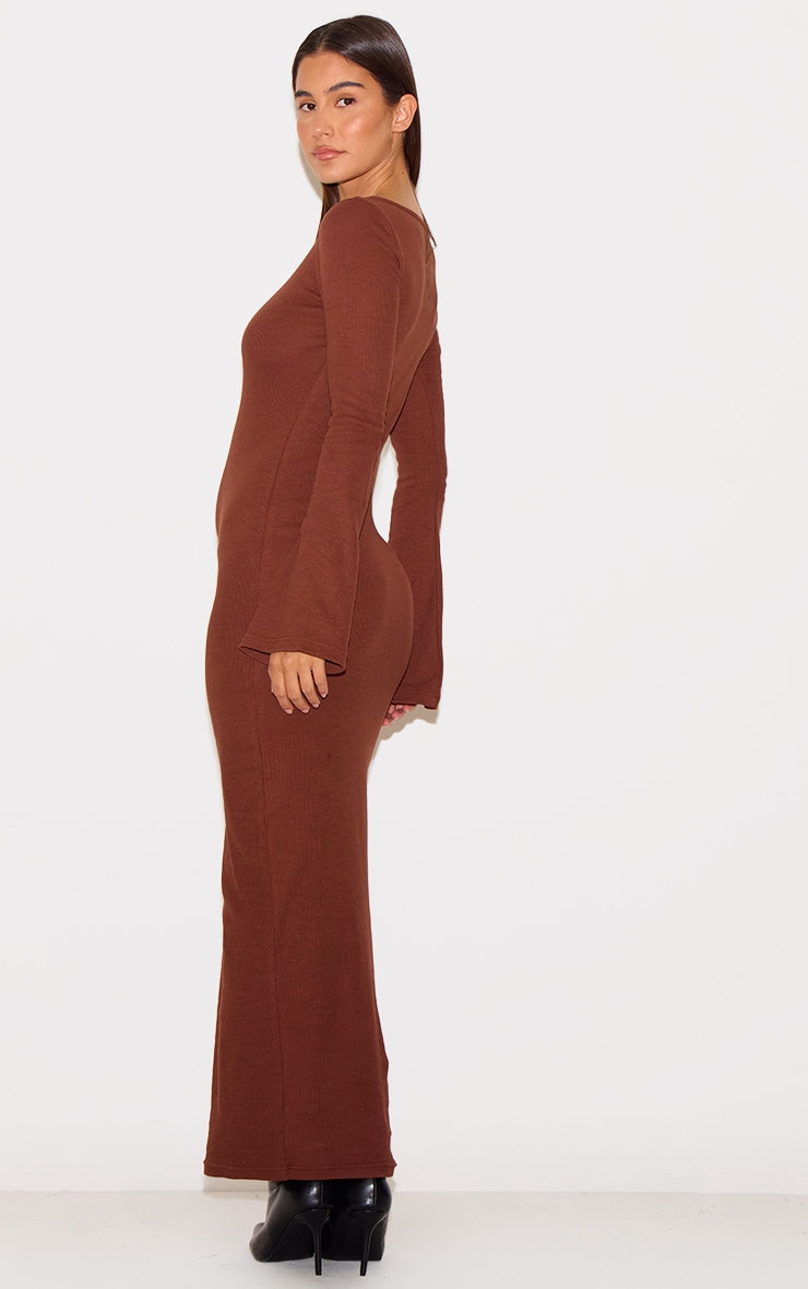 Chocolate Ribbed Boat Neck Long Sleeve Maxi Dress image 2