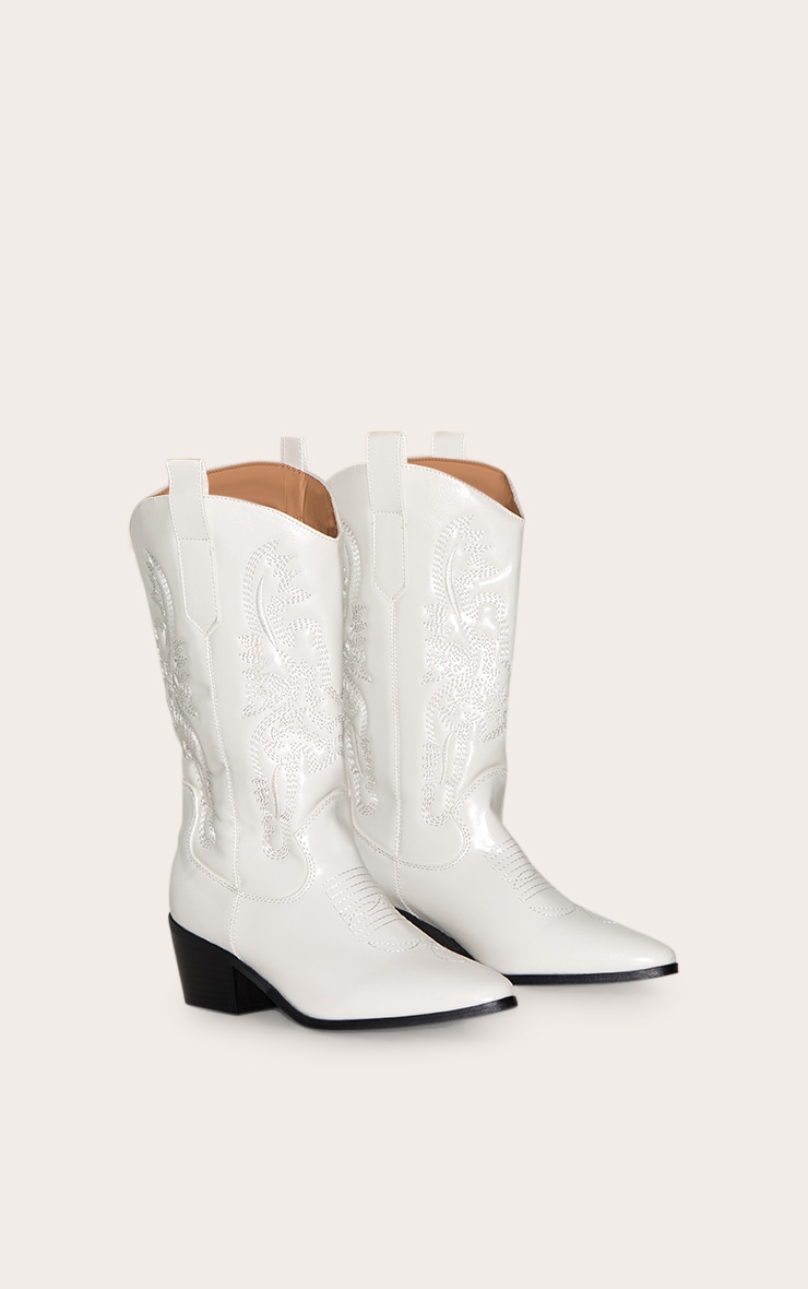 White Wide Fit Point Toe Stitching Heeled Ankle Cowboy Boots image 2