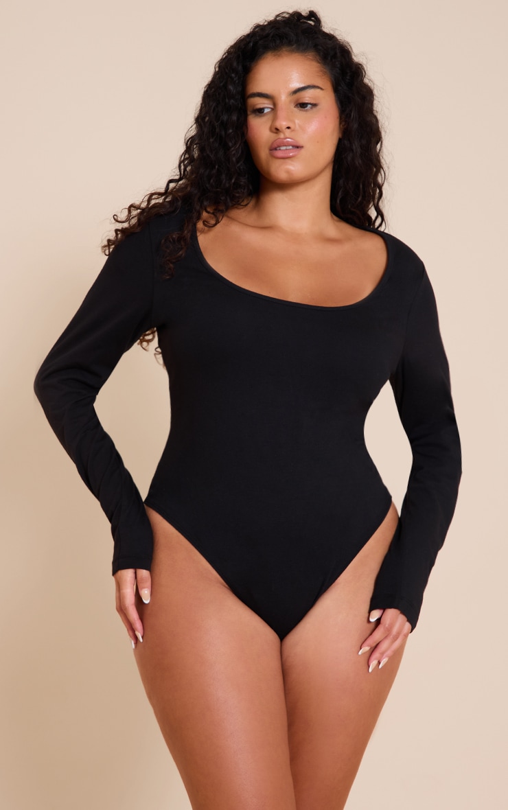 Plus Black Soft Cotton Scoop Neck Long Sleeve Bodysuit image 2