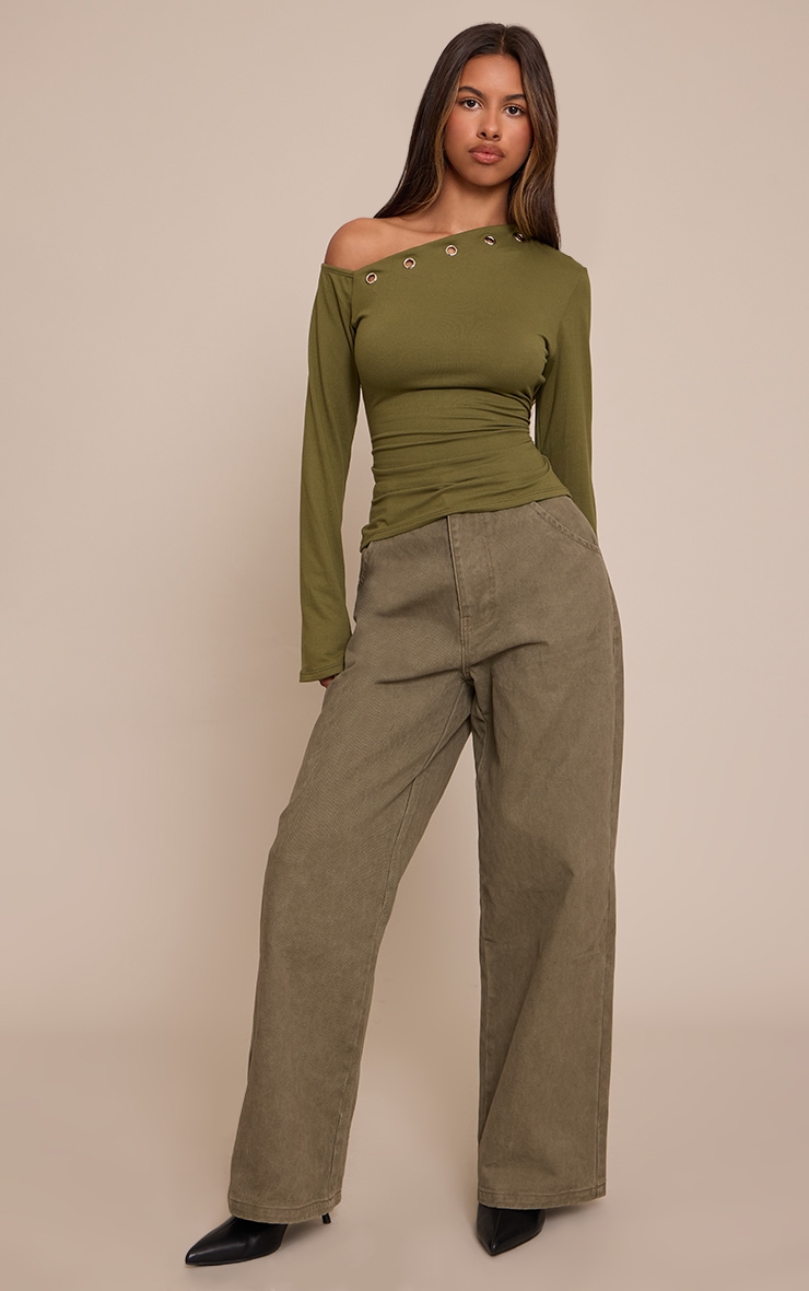 Petite Khaki Eyelet Asymmetric Long Sleeve Top image 3