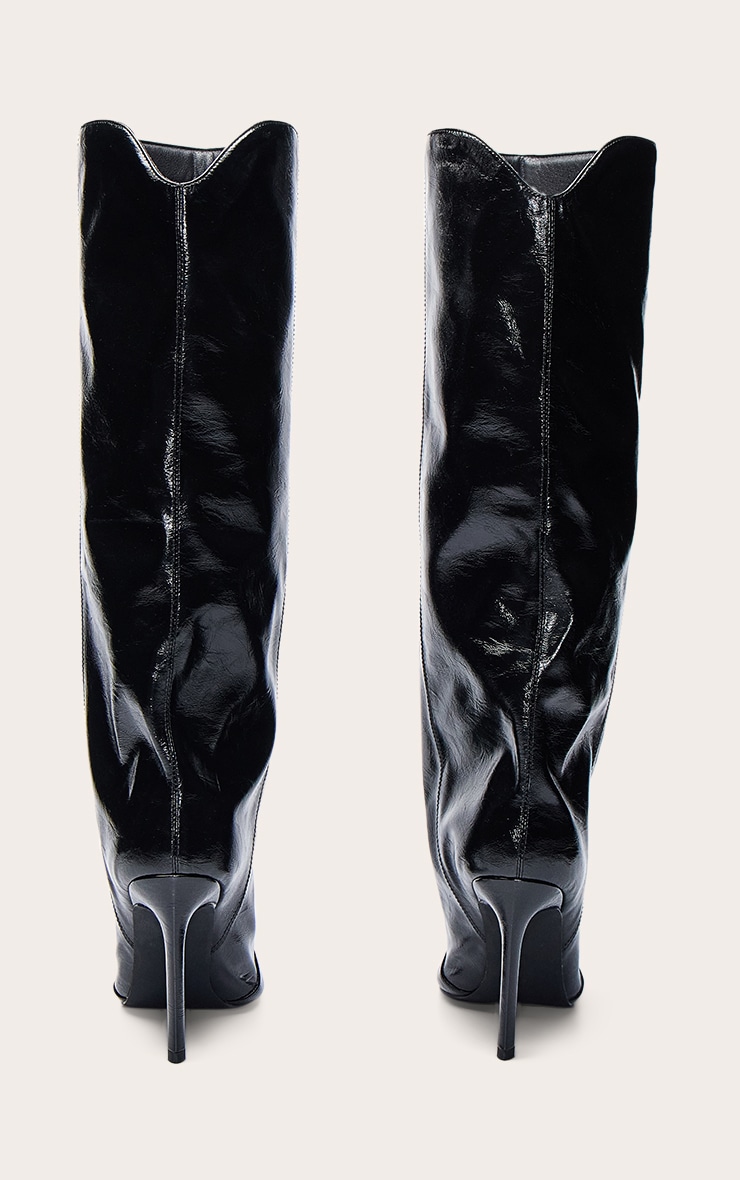 Black Crinkle Patent Ruched Knee Boots image 4