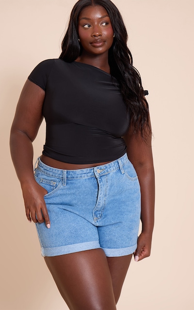 Plus Mid Blue Wash Turn Up Hem Mom Short