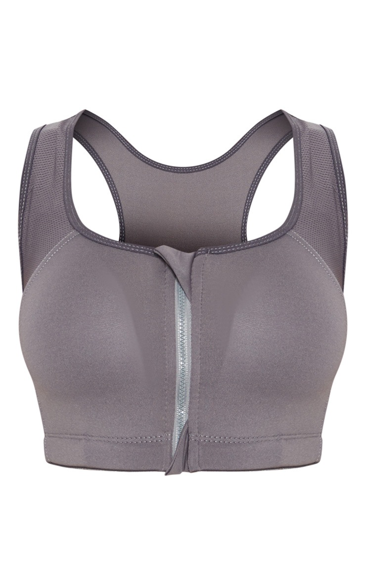 Grey Zip Front Padded Sports Bra image 3