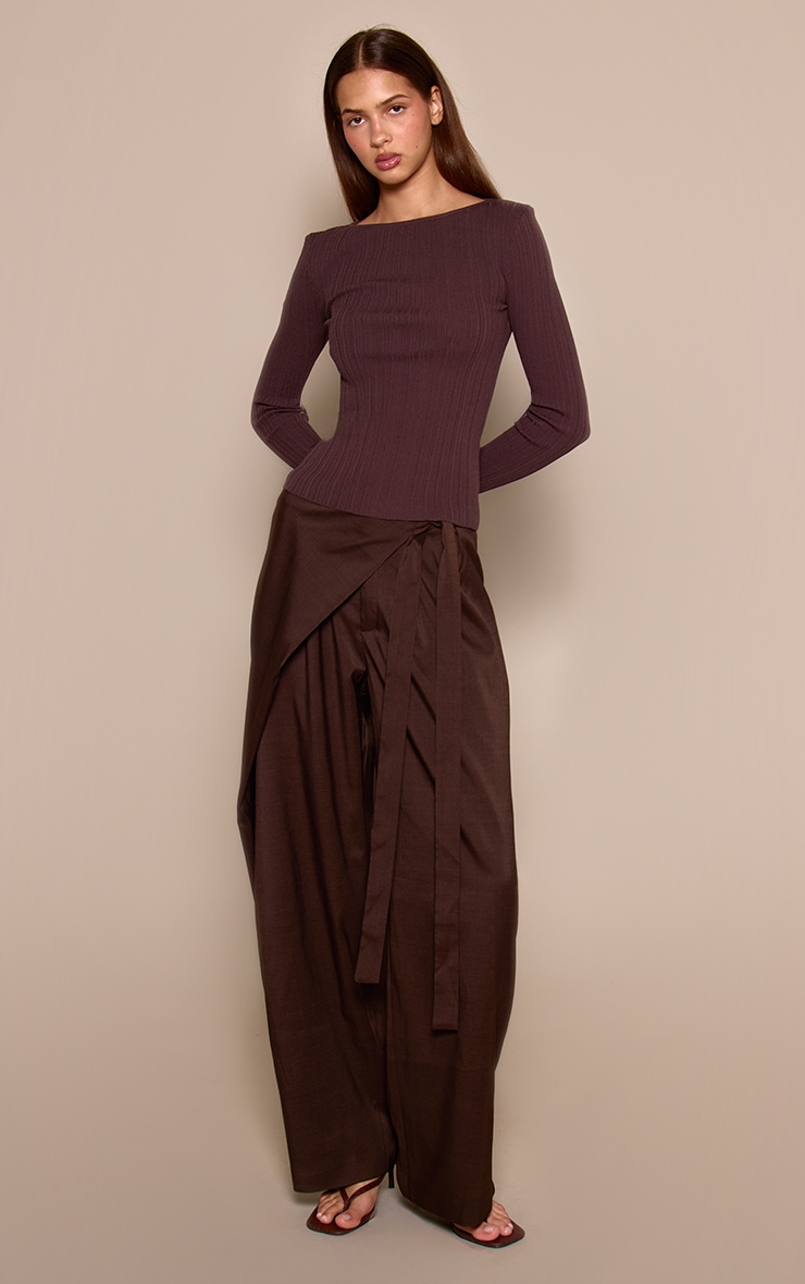 Chocolate Wrap Tie Woven Straight Leg Trousers