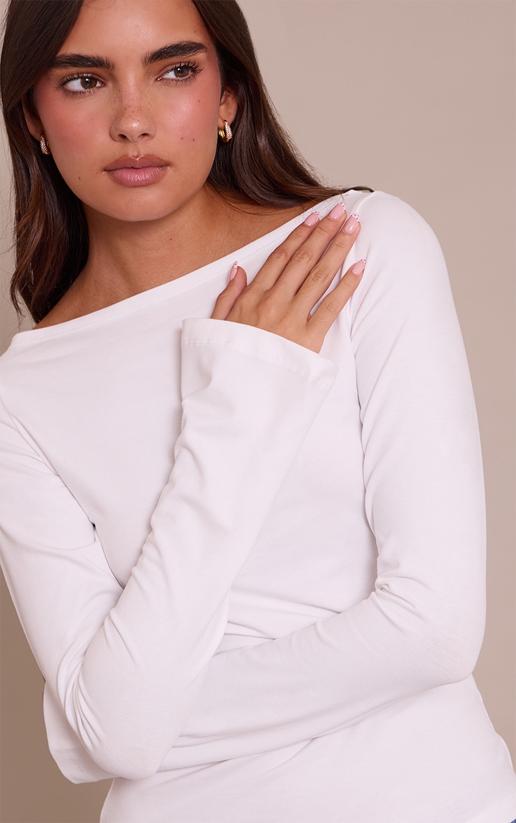 White Soft Cotton Boat Neck Flared Long Sleeve Top image 4