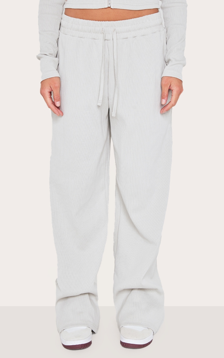 Light Grey Ribbed Low Rise Wide Leg Pants image 2