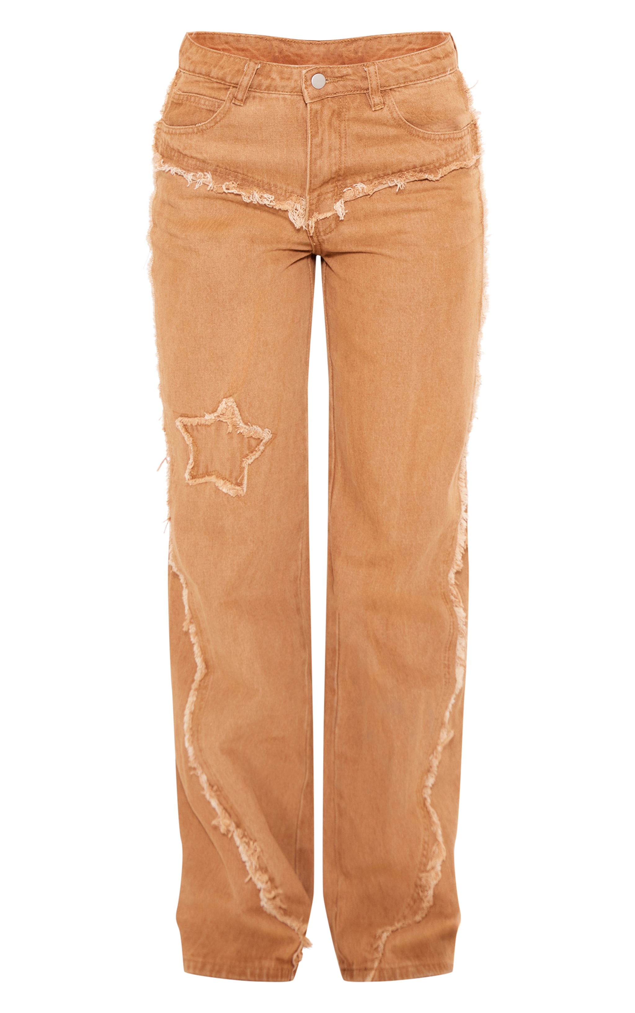 Washed Brown Raw Hem Detail Star Applique Wide Leg Jeans image 5