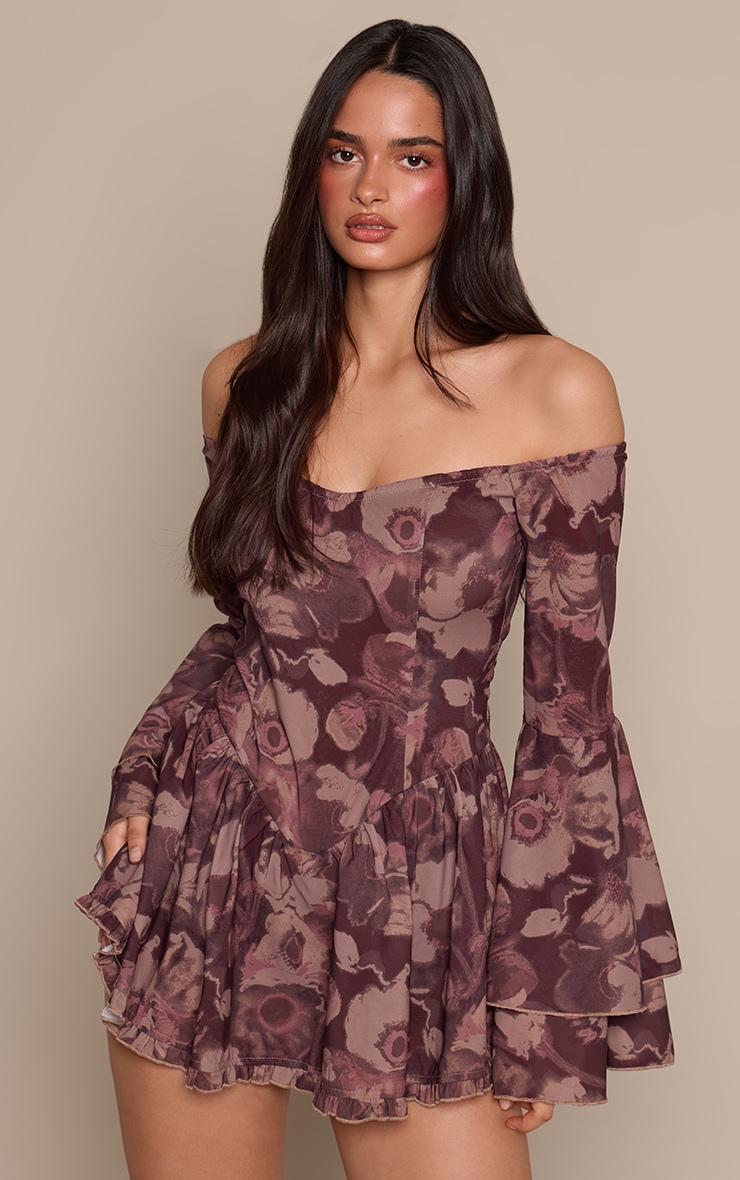 Brown Abstract Bardot Flare Sleeve Playsuit