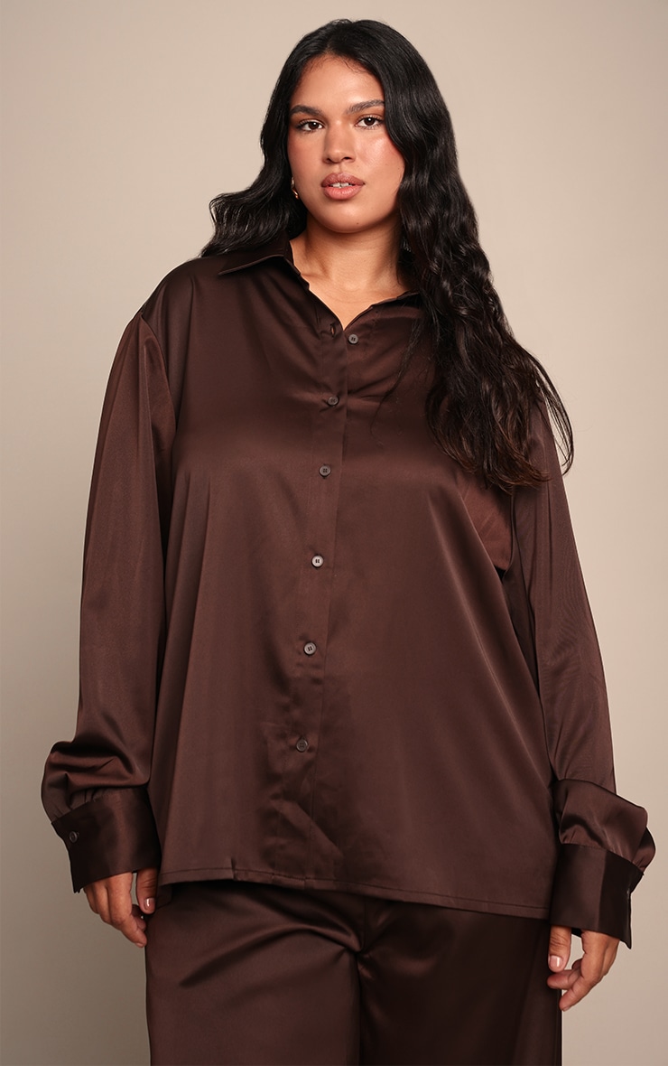 Plus Chocolate Crinkle Satin Oversized Shirt image 1