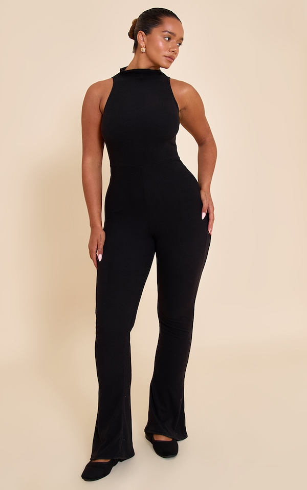 Shape Black Micro Rib High Neck Flared Jumpsuit
