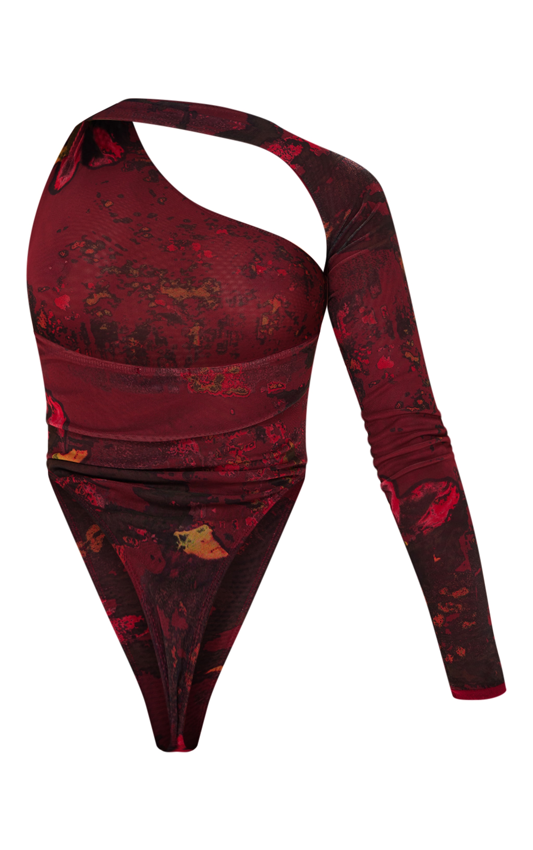 Premium Cherry Red Abstract Print Double Layer Mesh Bodysuit image 6