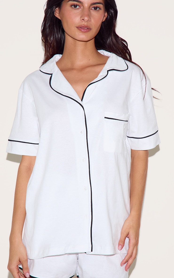 White Jersey Piping Detail Short PJ Set image 4