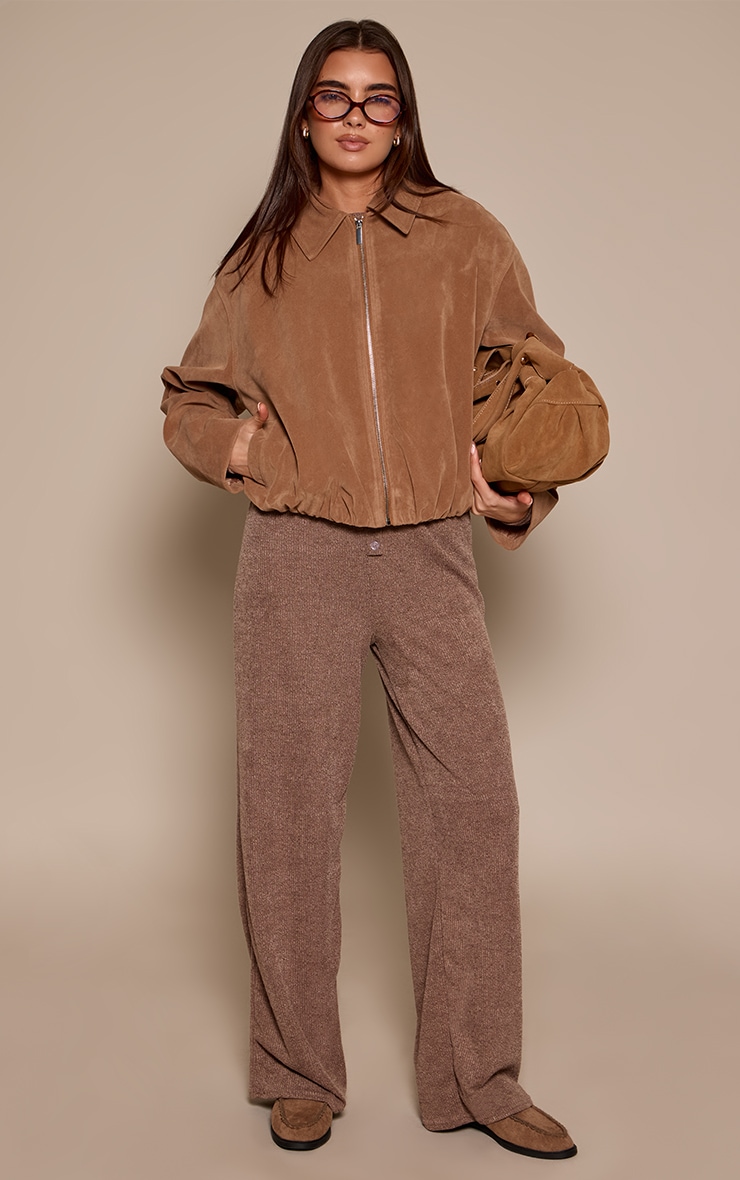 Tan Gathered Hem Zip Up Suede Jacket image 3