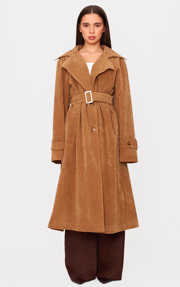 Petite Camel Faux Suede Belted Trench Coat image 3