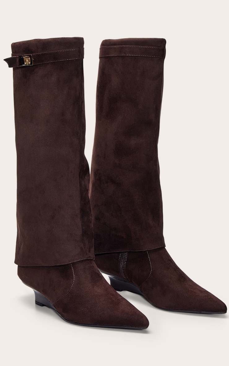 Chocolate Faux Suede Kitten Wedge Knee High Fold Over Boots image 3