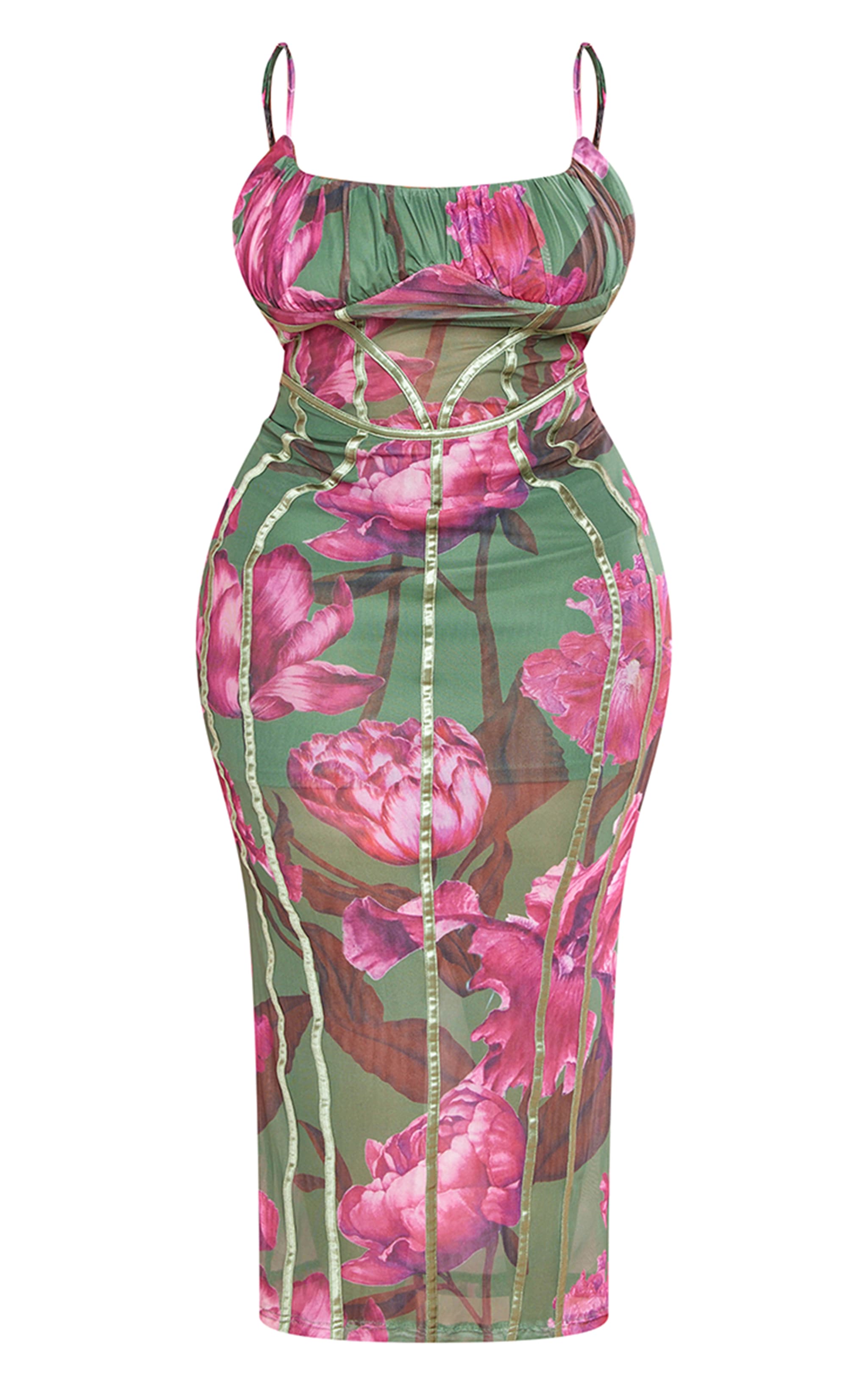 Plus Green Floral Print Mesh Binding Detail Midaxi Dress image 5