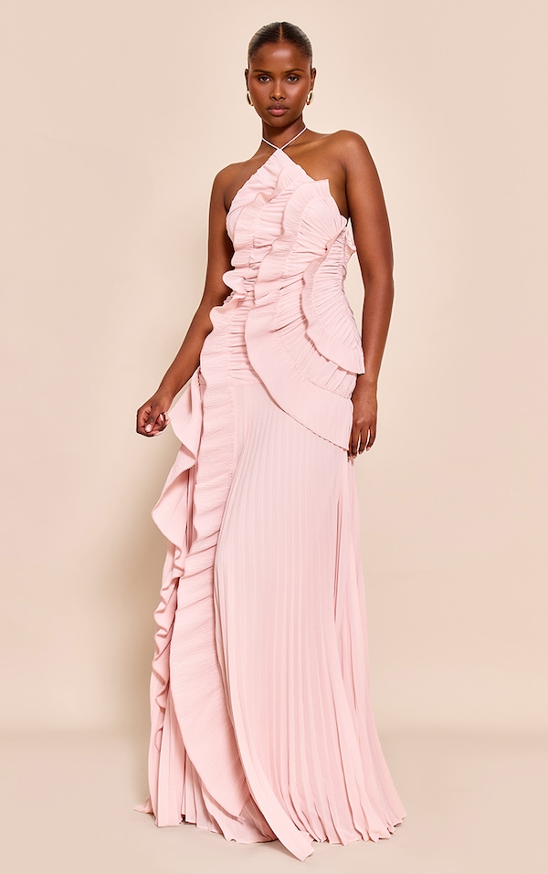 Blush Pleated Frill Halterneck Maxi Dress