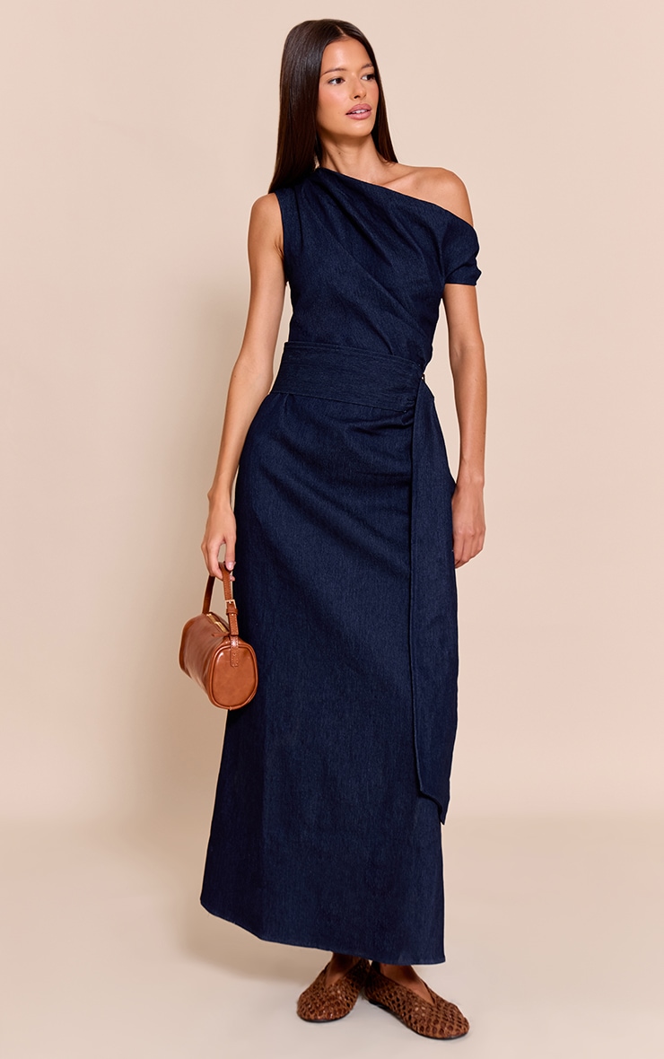 Indigo Blue Chambray Denim Ruched Belted Midaxi Dress image 3
