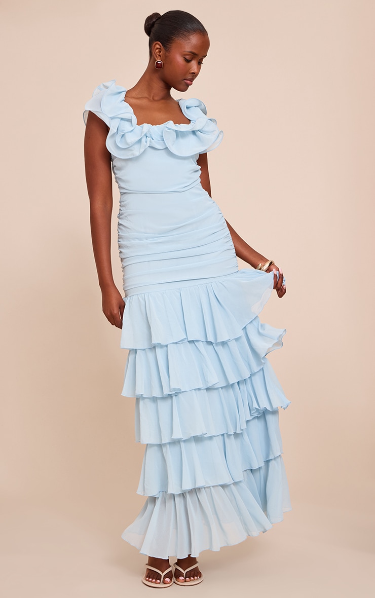 Light Blue Chiffon Ruched Ruffle Maxi Dress image 3
