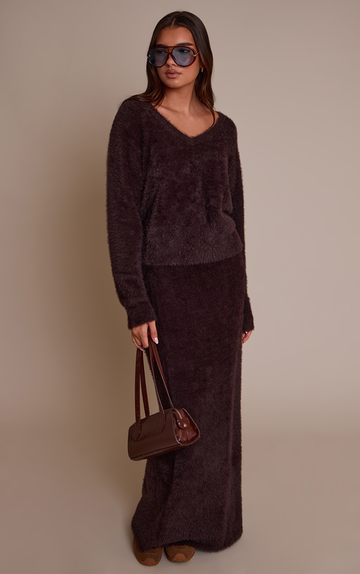 Chocolate Fluffy V Neck Knitted Oversized Jumper image 3