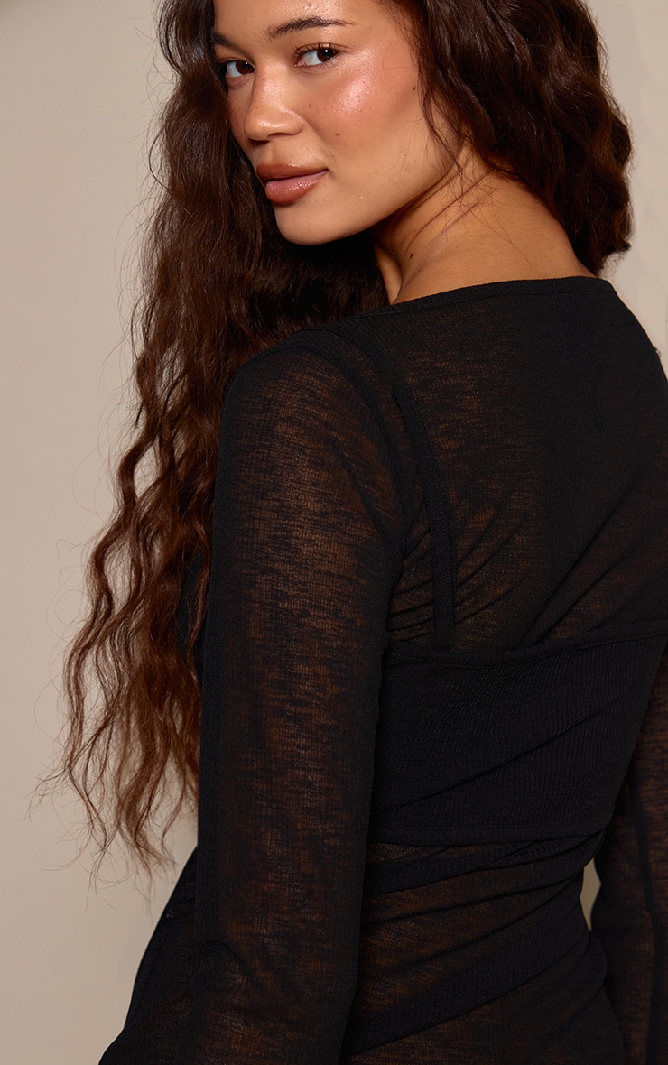 Black Ribbed Burnout Mesh Bralet Detail Long Sleeve Top  image 2