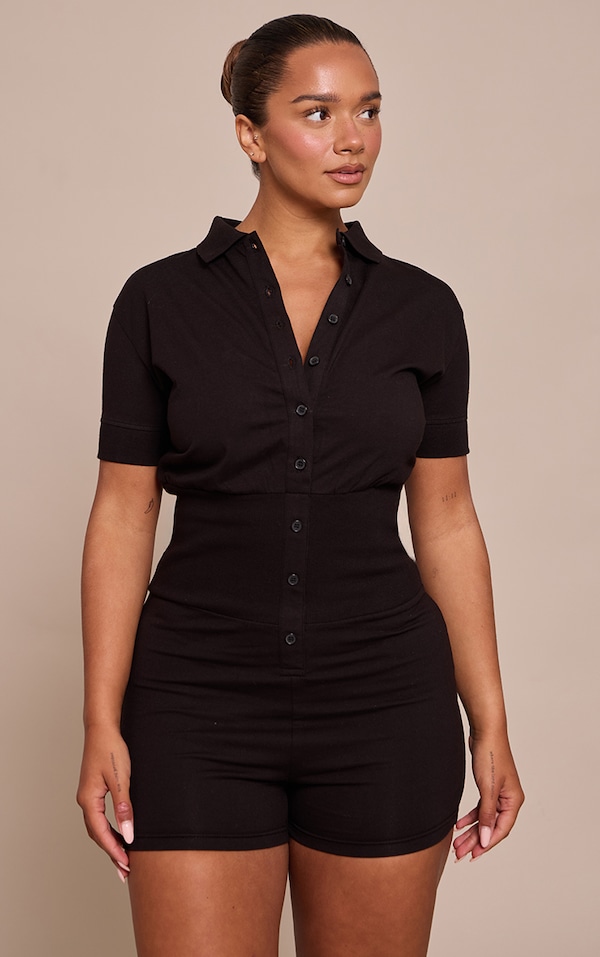Shape BLACK Polo Button Front Cinched Waist Romper