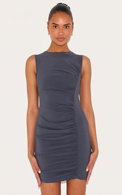 Robe moulante tissée stretch gris anthracite froncée