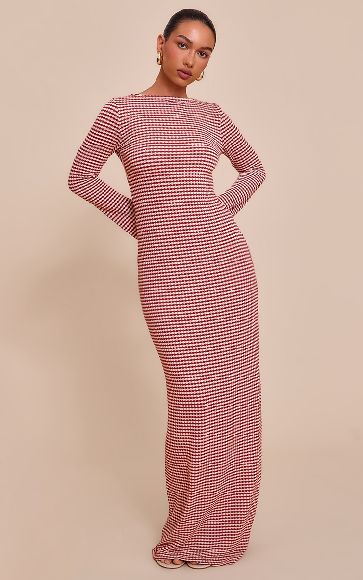 Rust Monochrome Textured Scoop Back Long Sleeve Maxi Dress image 2