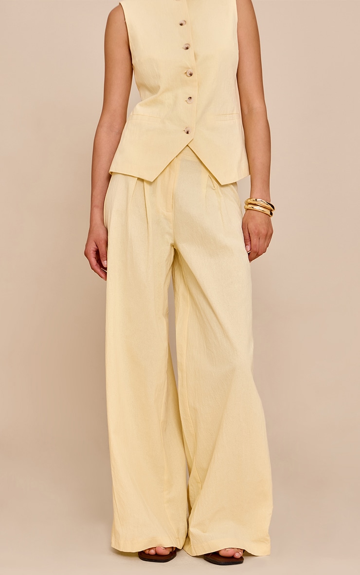Butter Yellow Linen Look Wide Leg Pleated Pants image 2