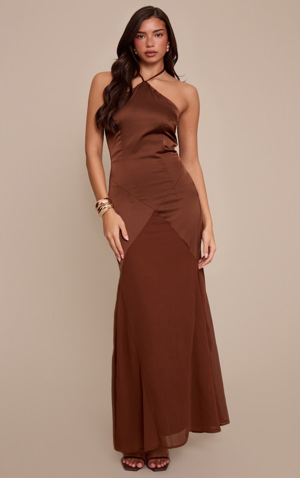 Chocolate Halterneck Contrast Maxi Dress
