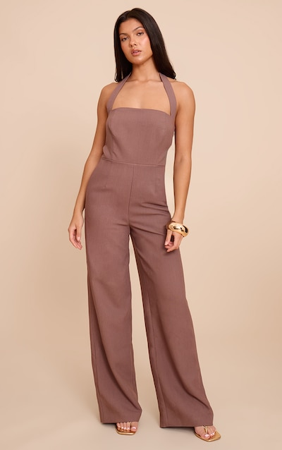 Chocolate Premium Woven Halter Neck Wide Leg Jumpsuit