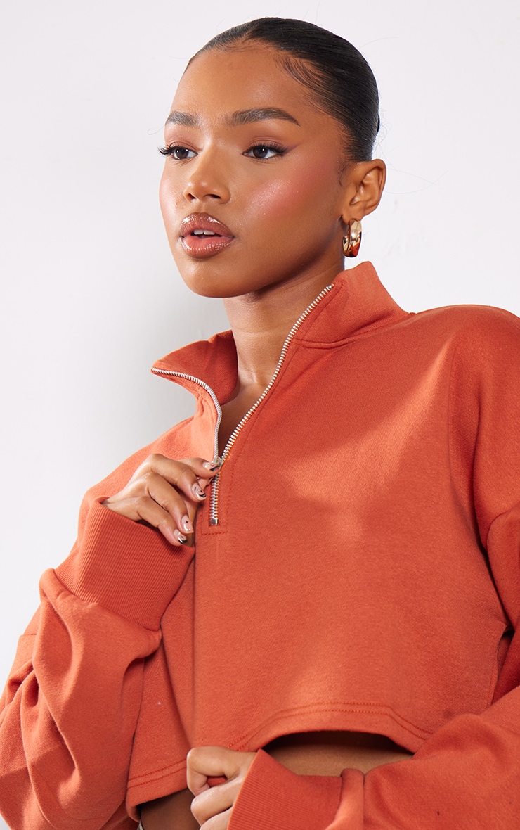 Rust High Neck Zip Up Cropped Sweatshirt | Athleisure ...