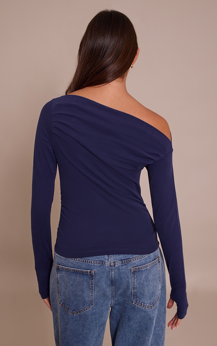 Dark Indigo Soft Cotton Ruched Asymmetric Long Sleeve Top image 2