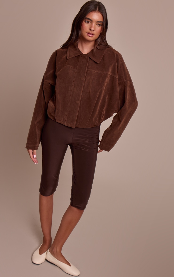 Chocolate Faux Suede Covered Placket Bomber Jacket image 3