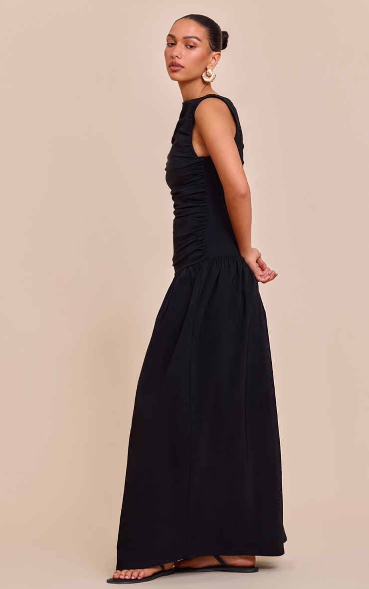Black Stretch Woven Ruched Detail Drop Waist Maxi Dress image 3