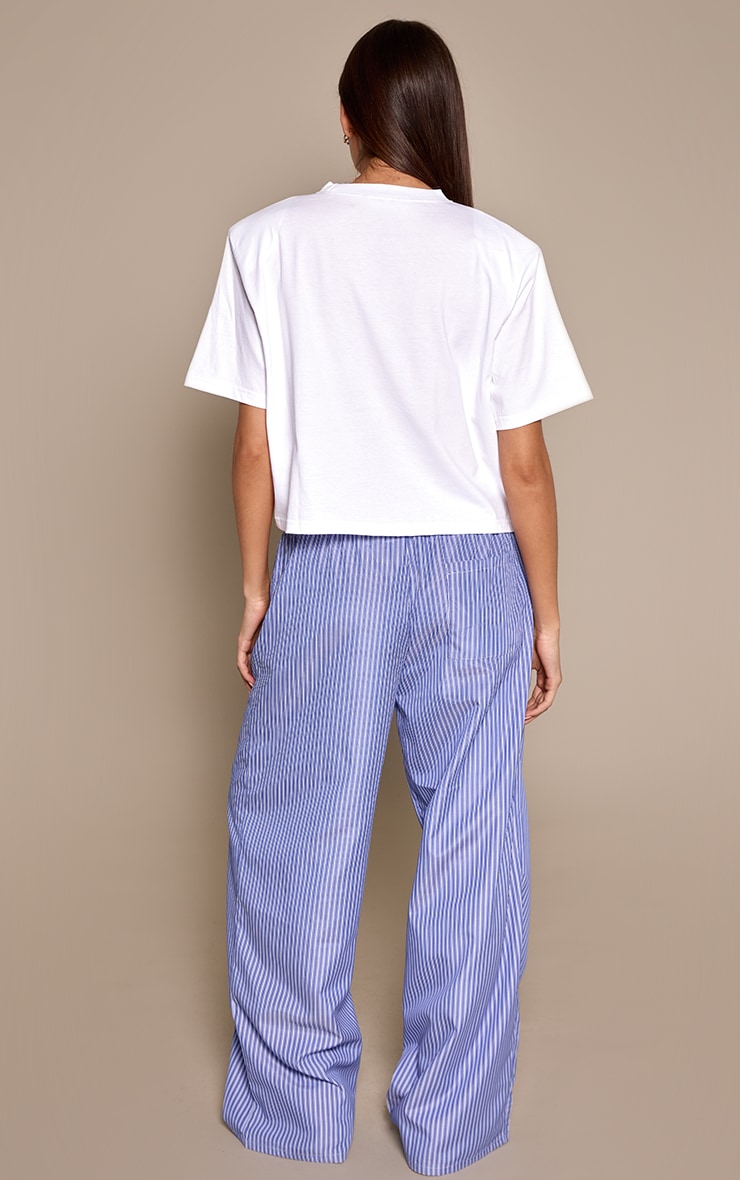 Blue Striped Print Drawstring Wide Leg Trousers image 3