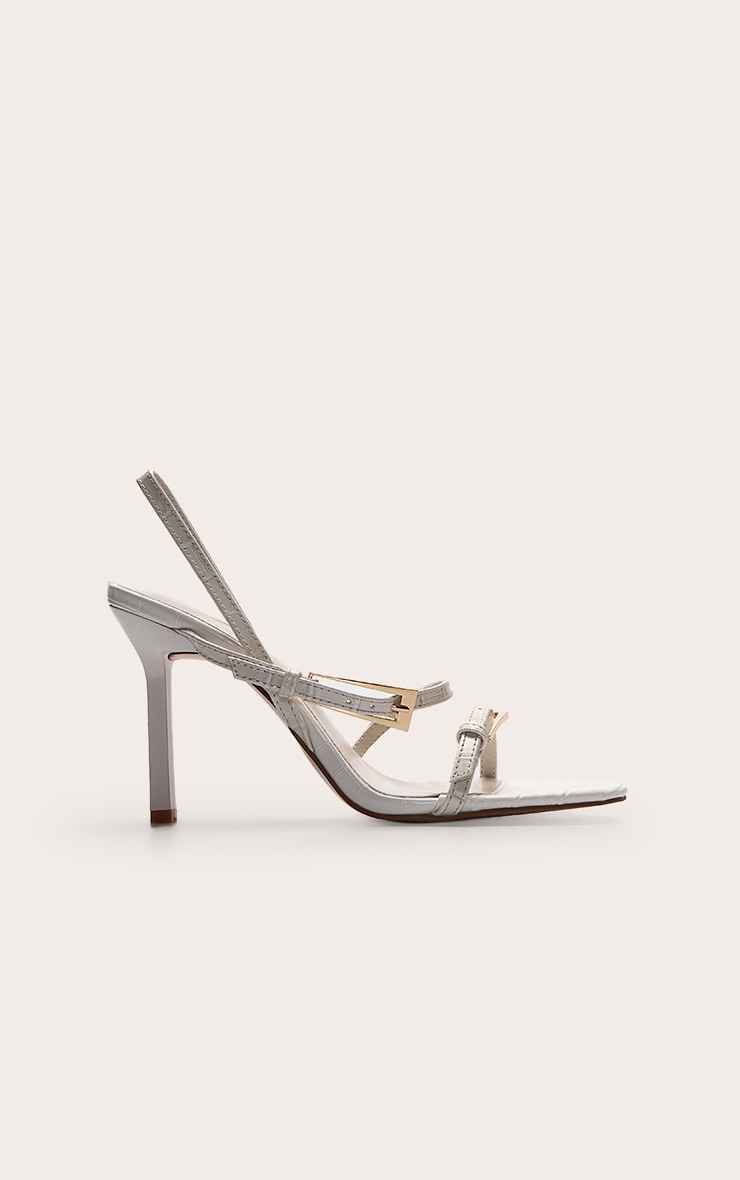Cream Croc Buckle Asymmetric Strap Round Toe Heeled Sandals image 2