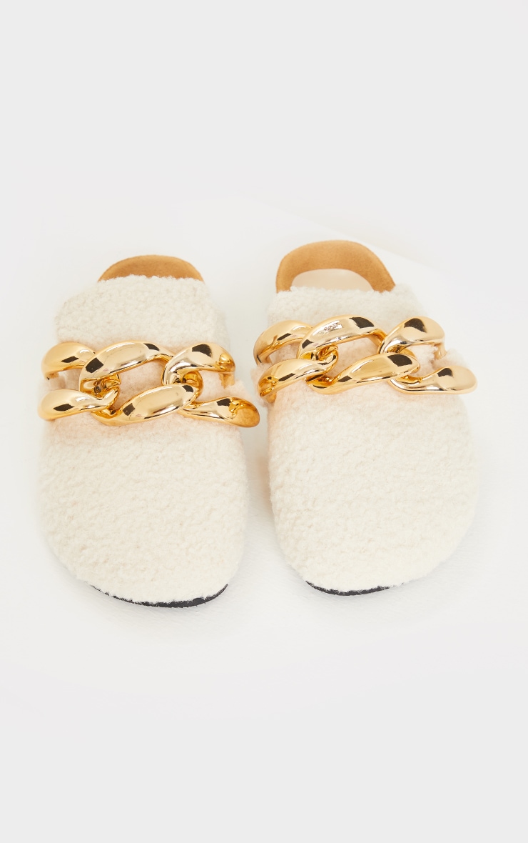 Cream Faux Shearling Chunky Chain Mules image 3