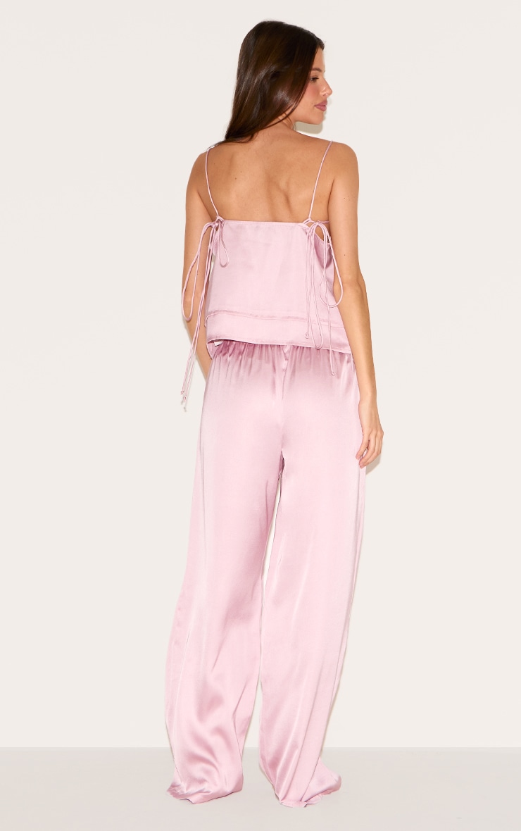 Dusty Pink Satin Flower Trim Cami Long Pj Set image 2